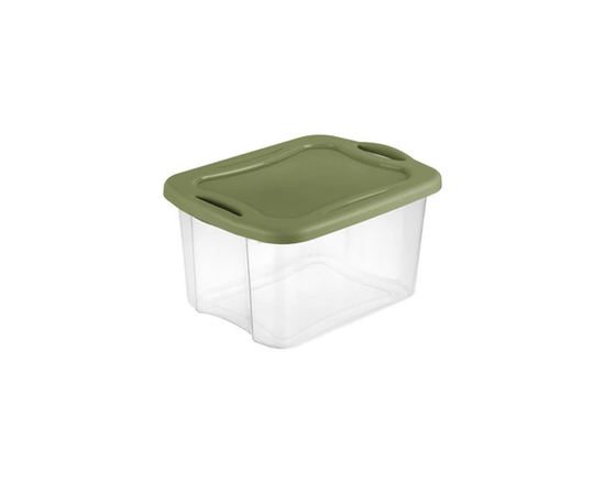 Sterilite 38 Liter EZ Carry, Clear Plastic Storage Bin with Full-Grip Handles and Green Lid - 38 L