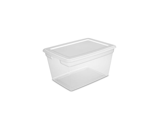 Sterilite 55 L Storage Box, Clear Plastic Storage Bin with Snap-on Lid, White - 23 1/2" L x 16 7/8" W x 12 1/4" H