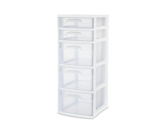 Sterilite 5 Drawer White Tower - 14 1/2" D x 12 5/8" W x 31 3/4" H