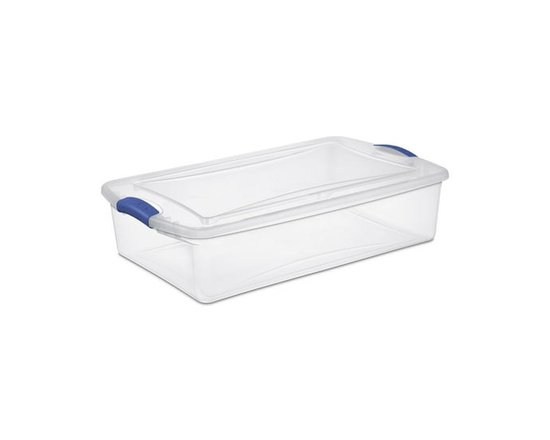 Sterilite 32 Liter Latch Box, Clear Plastic Storage Bin with Lid, Blue Latch - 26 1/2" L x 16" W x 6 5/8" H