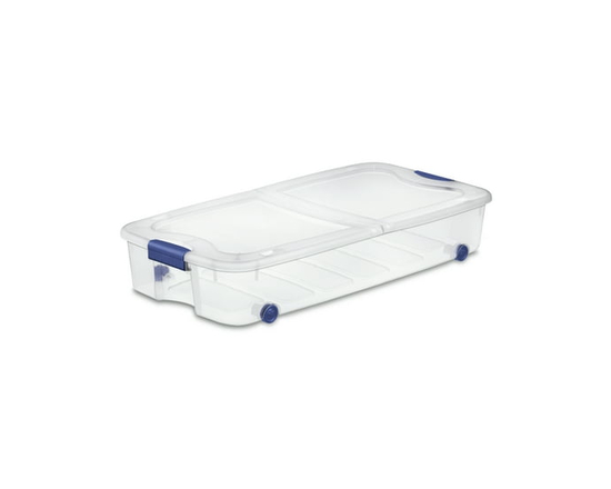 Sterilite 62 Liter Storage Box, Clear Underbed Storage Bin with Lid and Wheels, Green Latch - 62 L (Blue)