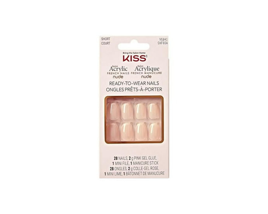 KISS Salon Acrylique - Manucure Française Nude - Ongles Prêts-à-Porter - Rythmes Chics - Squoval - Très Court - 28 ct