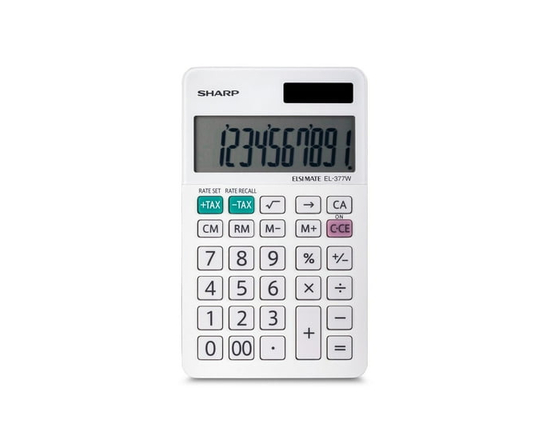 Sharp EL377W Desktop Calculator for Elementary School, Middle School & Office Use, Twin Power 10-Digit Display, Tax Keys & 4-Key Memory - 2-27/32″(W)