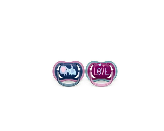 Philips Avent Ultra Air Pacifier 18m+, steel blue elephant / pink hello, 2 pack SCF349/22