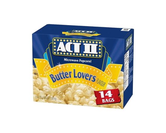 ACT II Butter Lovers Flavour Microwave Popcorn, 14 Bags, 100% Whole Grain Popping Corn, No Artificial Colours or Flavours, High Source of Fibre, 1.09