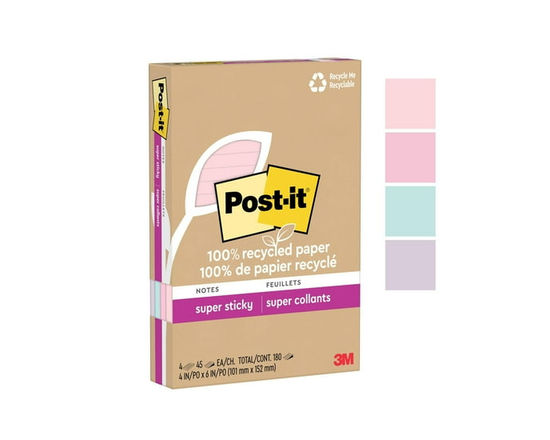 Feuillets super collants 4621R-4SSNRP Post-it® entièrement faits de papier recyclé, collection La vie en pastel, 4 po x 6 po, 4 blocs/paquet, 45&nbsp;