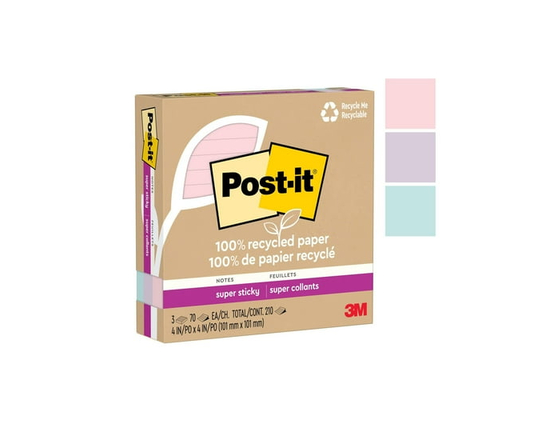 Feuillets super collants 675R-3SSNRP Post-it® entièrement faits de papier recyclé, collection La vie en pastel, lignés, 4 po x 4 po, 3 blocs/paquet, 7