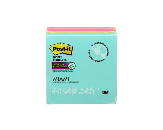 Post-it® Super Sticky Notes 654-5SSMIA-C RP, Miami Collection - 3 in x 3 in