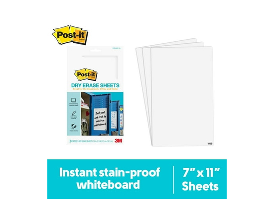 Feuilles effaçables à sec Post-it®, DEFSHEETS-3PK, 177 mm x 288 mm (7 po x 11,3 po)