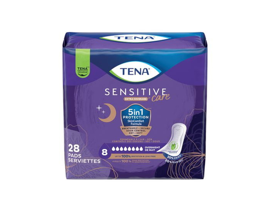TENA Sensitive Care Incontinence Pads for Women, Postpartum and Bladder Control, Overnight Absorbency, 28 Count - Regular
