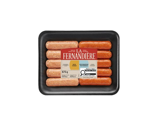 Duo Saucisses Bacon & Cheddar et Méditérranéenne, conservées,<br>non cuites, 675 g