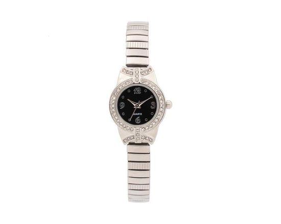 Women's Silver-Tone Quartz Watch with Crystal Accents and Black Dial - One Size