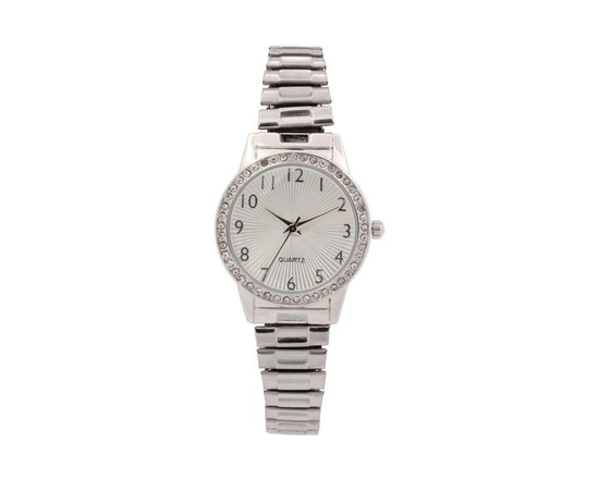 Women’s Silver-Tone Quartz Watch with Crystal Bezel and Textured Dial - One Size