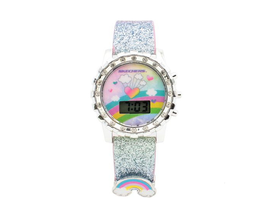 Skechers Girls' Glitter Rainbow Digital Watch – Silver Bezel with Charm - One Size
