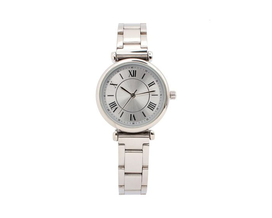 Women’s Silver-Tone Quartz Watch with Roman Numerals and Metal Link Bracelet - One Size