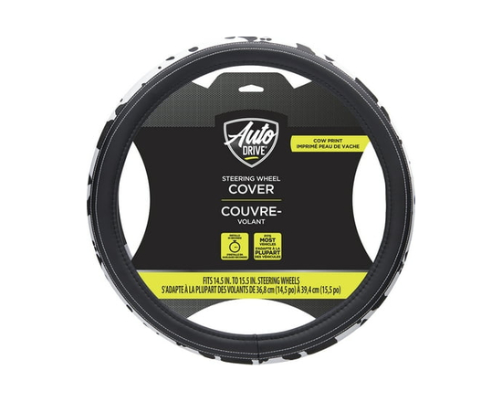 Auto Drive Black-White Cow Print Steering Wheel Cover