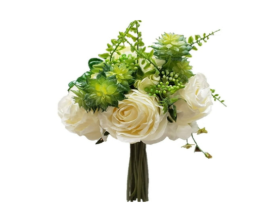 Succulent Bouquet with Roses, White