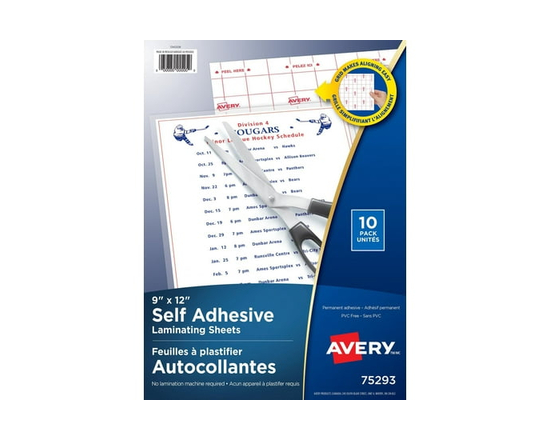 Avery Self Adhesive Laminating Sheets, 9" x 12", Permanent, 10/pack - 75293