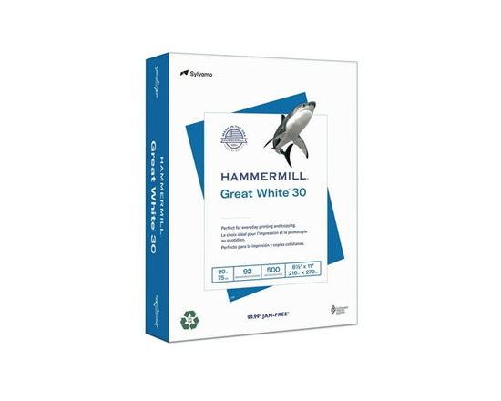 Hammermill Great White 30% Recycled Printer Paper, 8.5" x11", 92 Bright, 20lb, 500 Sheets per pack