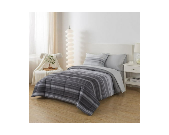 **Mainstays – Ensemble de literie tout-en-un réversible avec couette et draps, 7 pièces, grand lit (Queen), rayures grises** (Ombre gris)