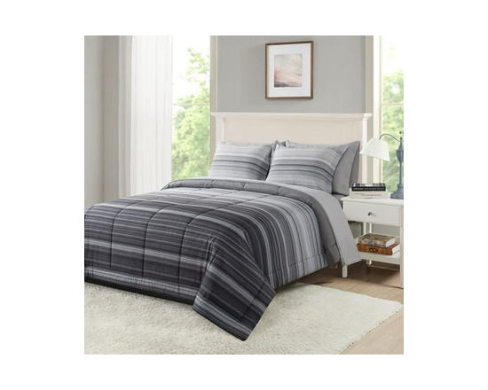 **Mainstays – Ensemble de literie tout-en-un réversible avec couette et draps, 7 pièces, grand lit (Queen), rayures grises** (Ombre gris)