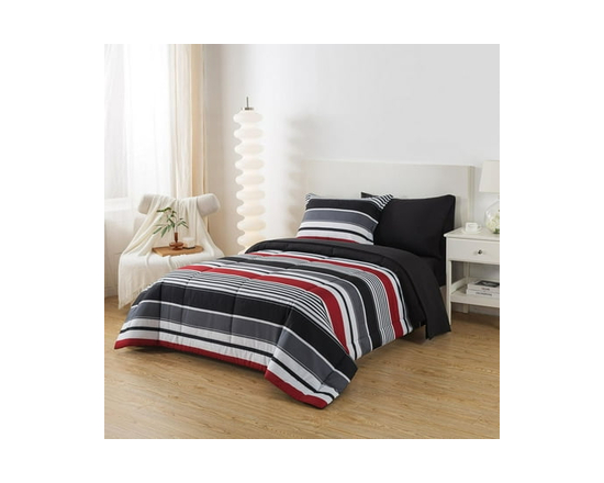 **Mainstays – Ensemble de literie tout-en-un réversible avec couette et draps, 7 pièces, grand lit (Queen), rayures grises** (Rayure rouge)