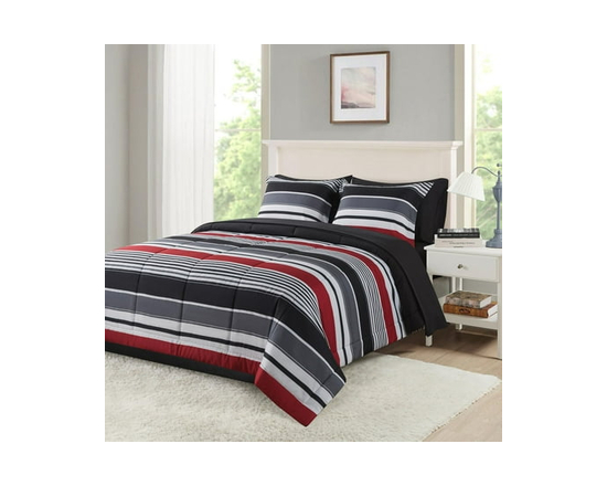 **Mainstays – Ensemble de literie tout-en-un réversible avec couette et draps, 7 pièces, grand lit (Queen), rayures grises** (Rayure rouge)