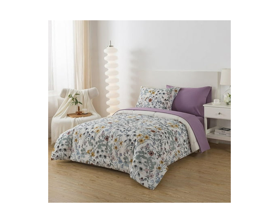 **Mainstays – Ensemble de literie tout-en-un réversible avec couette et draps, 7 pièces, grand lit (Queen), rayures grises** (À floral violet)