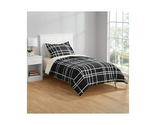 **Mainstays – Ensemble de literie tout-en-un réversible avec couette et draps, 7 pièces, grand lit (Queen), rayures grises** (Noir et blanc)