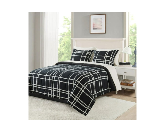 **Mainstays – Ensemble de literie tout-en-un réversible avec couette et draps, 7 pièces, grand lit (Queen), rayures grises** (Noir et blanc)