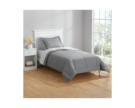 **Mainstays – Ensemble de literie tout-en-un réversible avec couette et draps, 7 pièces, grand lit (Queen), rayures grises** (Gris)