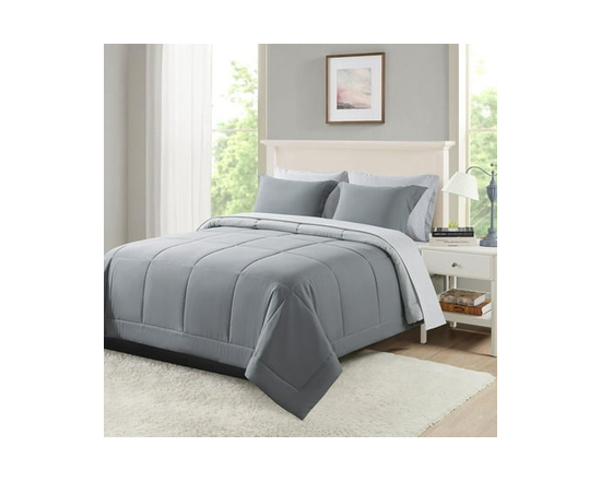 **Mainstays – Ensemble de literie tout-en-un réversible avec couette et draps, 7 pièces, grand lit (Queen), rayures grises** (Gris)