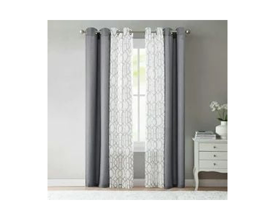 Ensemble de rideaux à œillets Mainstays Kingswood, voile uni et imprimé, 4 pièces, gris flanelle, 27,5" de large x 84" de long. - 27 x 72