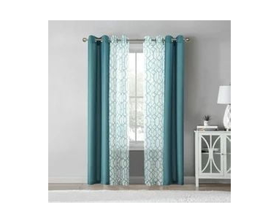 Mainstays Kingswood Solid and Printed Sheer Grommet Window Curtains Panel Set, 4 Piece, Black, 27.5" W x 84" L - 27.5" W x 84" L (Blue)
