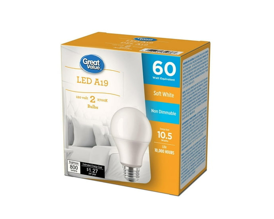 Great Value 60W A19 Soft White LED bulbs 2-pack