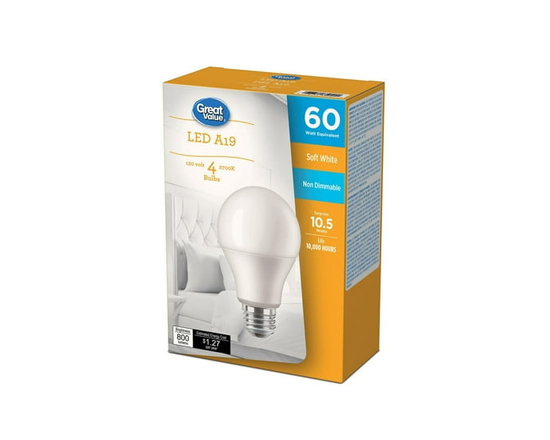 Great Value 60W A19 Soft White LED bulbs 4-pack