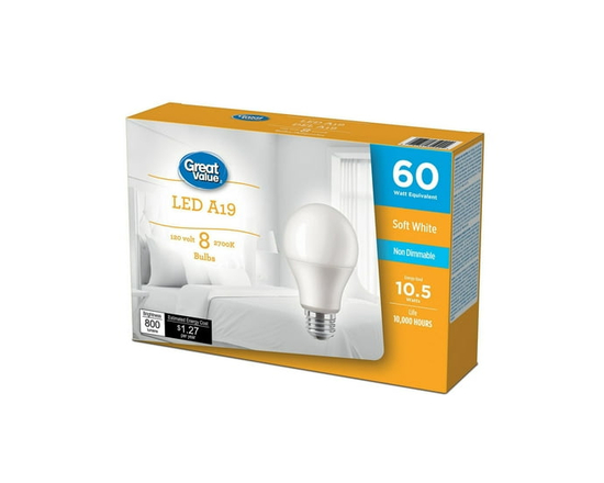 Great Value 60W A19 Soft White LED bulbs 8-pack