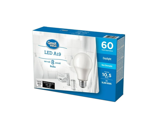 Great Value 60W A19 Daylight LED bulbs 8-pack