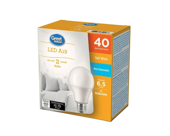 Great Value 40W A19 Soft White LED bulbs 2-pack