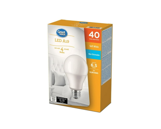 Ampoules DEL Great<br>Value A19 40 W blanc<br>doux, paq. de 4