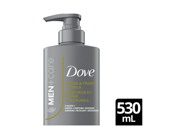 Dove Men+Care Active & Fresh 3in1 Shampoo and Conditioner to Refresh & Deodorizes , with Citrus, 530 ml - 530 ml