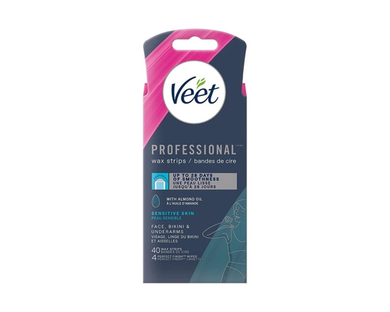 Veet® Professional™ Wax Strips for Face, Bikini, & Underarms, EasyGrip tab & Almond Oil Infused Hair Removal Wax Strips for Sensitive Skin, 40 Wax Str
