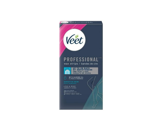 Bandes de cire Veet® ProfessionalMC pour les jambes et le corps, eau sensible, avec huile d’amande, 20 unités + 2 Lingettes - 20 ct