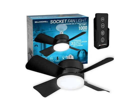 Bell + Howell Socket Fan Light Black 2-in-1 LED Bulb 1000 Lumens with Remote Control 3 Speeds 3 Cool Light Settings E26 Base - One Size