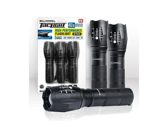 Bell + Howell Taclight Tactical Black Flashlight 3-Pack – Ultra Bright LED, 5 Modes, Zoomable, Waterproof, Durable Aluminum - 5.4"