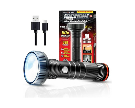 Taclight Max LED Rechargeable Black Flashlight – Ultra Bright High Lumen Tactical Torch with 5 Modes, Water & Shock Resistant - L
