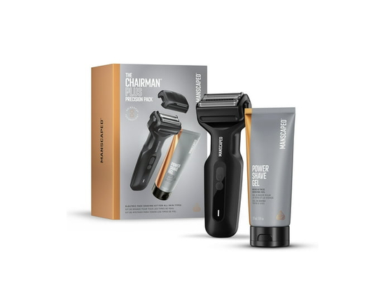 MANSCAPED The Chairman Plus Precision Pack, Men's Electric Foil Face Shaver and Stubble Trimmer with Power Shave Gel