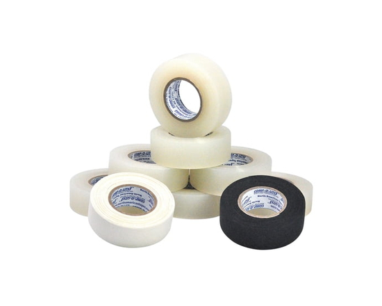 Comp-o-lite Hockey Tape, 1 Roll Black Cloth 24MM x 12M,1 Roll White Cloth 24MM X 12M and 7 Rolls Clear Shin Pad Tape 24MM X 18M