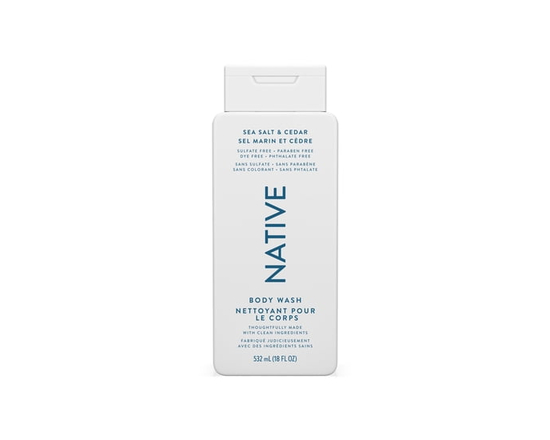 Nettoyant pour le corps Native pour femmes et hommes, parfum de sel marin et cèdre, ingrédients d’origine naturelle, sans sulfates, fraîcheur pendant