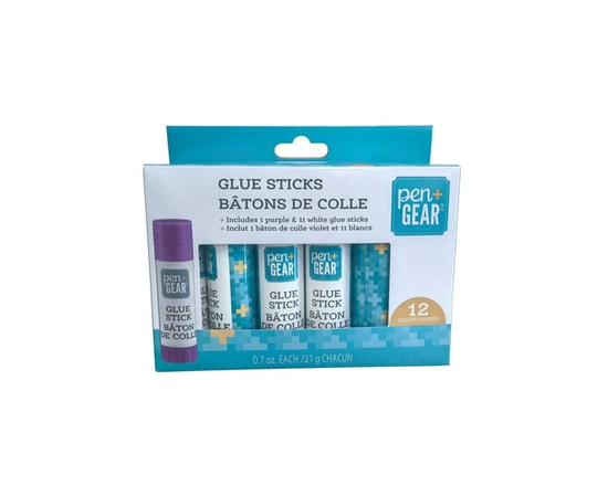 Colle bâton Pen+GEAR, 12 pièces × 21 g (0,7 oz), emballé en boîte en carton, temps de séchage : 5–10 minutes.